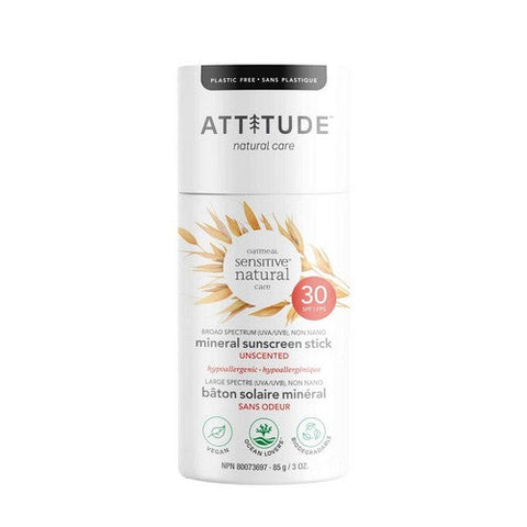 Attitude, Sunscreen Face Stick SPF 30 Sensitive Skin Unscented, 3 Oz