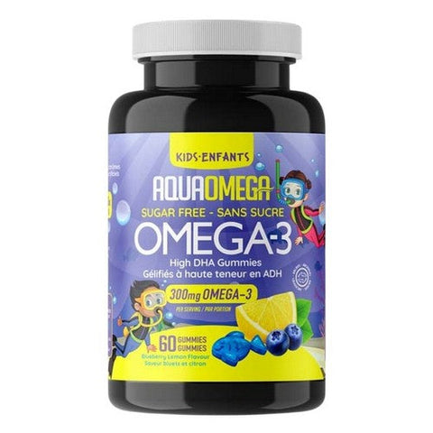 AquaOmega, Kids Gummies Omega-3 High DHA Blueberry Lemon Sugar-Free, 300 Mg, 60 Count