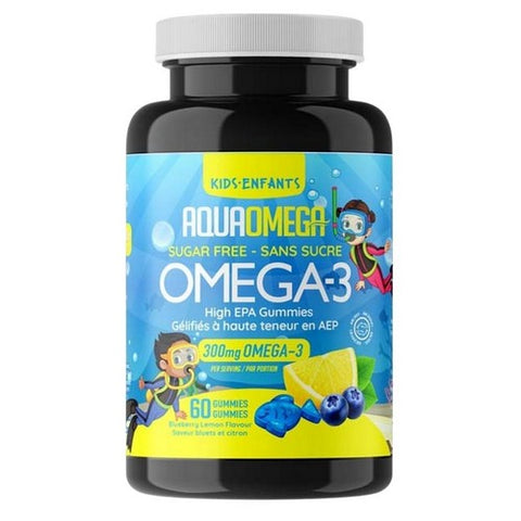 AquaOmega, Kids Omega-3 High EPA Gummies Blueberry Sugar Free, 260 Mg, 60 Count