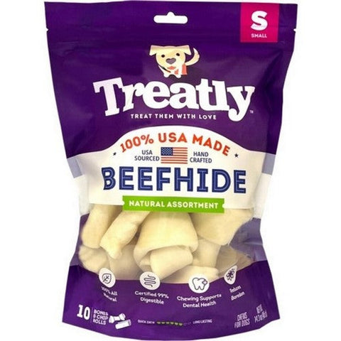 Treatly, Treatly 100% Usa Beefhide Bones & Rolls, Small-10 Pack,Natural