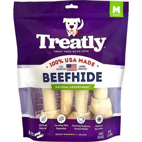 Treatly, Treatly 100% Usa Beefhide Bones & Rolls, Medium-4 Pack,Natural