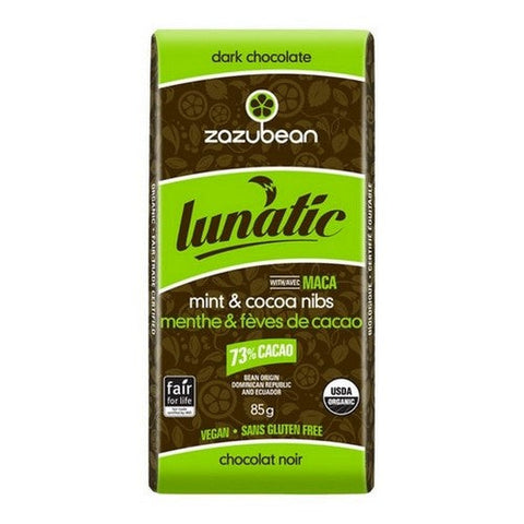 Zazubean, Organic Lunatic Dark Chocolate 73% Cacao Mint And Cocoa Nibs With Maca, 85 Grams X 12