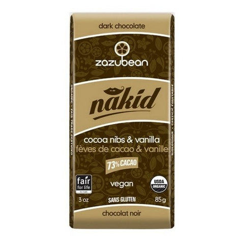 Zazubean, Organic Nakid Dark Chocolate 73% Cacao Cocoa Nibs And Vanilla, 85 Grams X 12