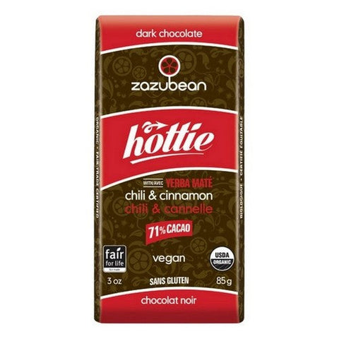 Zazubean, Organic Hottie Dark Chocolate 71% Cacao Chili And Cinnamon With Yerba Mate, 85 Grams X 12