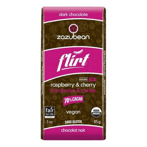 Zazubean, Organic Flirt Dark Chocolate 70% Cacao Raspberry And Cherry, 85 Grams X 12