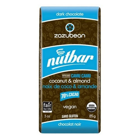 Zazubean, Organic Nutbar Dark Chocolate 70% Cacao Coconut And Almond, 85 Grams X 12