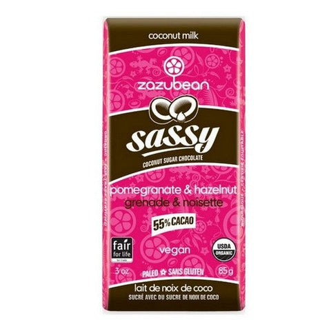 Zazubean, Organic Sassy Coconut Sugar Chocolate Pomegranate And Hazelnut 55% Cacao, 85 Grams X 12