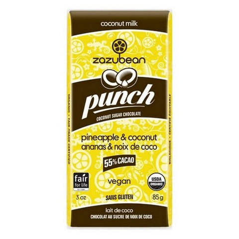 Zazubean, Organic Punch Chocolate 55% Cacao Pineapple And Coconut, 85 Grams X 12