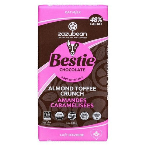 Zazubean, Bestie Oat Milk Chocolate 48% Cacao Almond Toffee Crunch, 85 Grams X 12