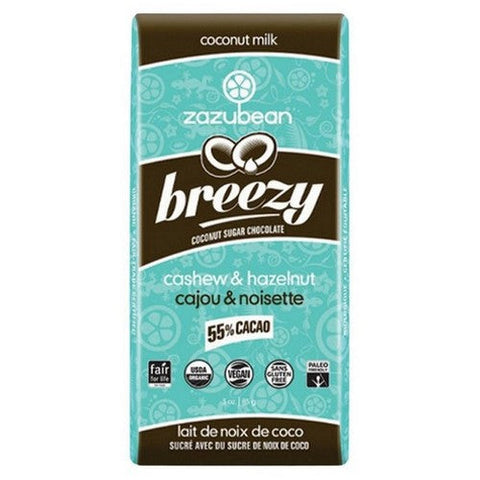 Zazubean, Breezy Coconut Milk Chocolate 55% Cacao Cashew And Hazelnut, 85 Grams X 12