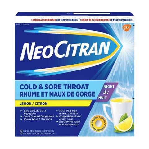 NeoCitran, Cold And Sore Throat Lemon Pouches, 10 Count