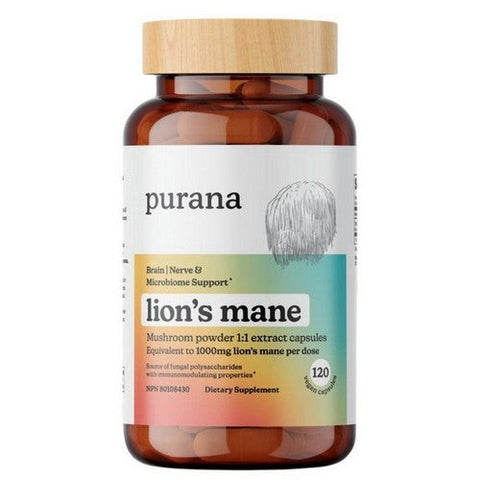 Purana, Lion's Mane 1:1 Mushroom Powder 1:1 Extract, 120 Count