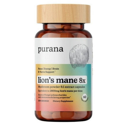 Purana, Lion's Mane 8:1 Mushroom Powder 8:1 Extract, 60 Count