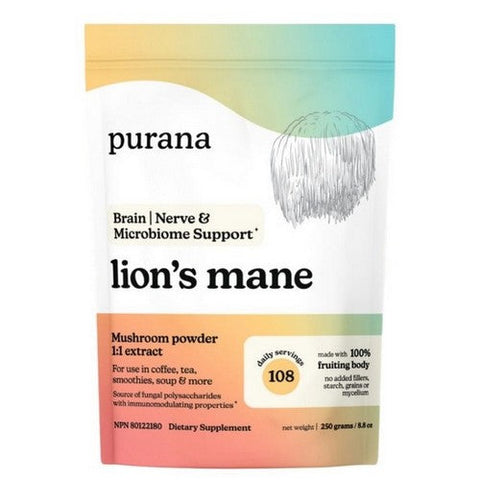 Purana, Lion's Mane 1:1 Mushroom Powder 1:1 Extract (108 servings), 250 Grams