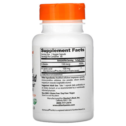 Doctors Best, Best Stabilized R- Lipoic Acid, 100 mg, 60 Veggie Caps