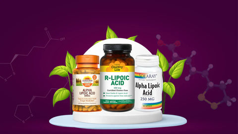 Image displaying three Alpha Lipoic Acid products from the brands Now Foods, Source Naturals, Natrol, and Solaray, overlaid with the text 'The Power of Alpha Lipoic Acid: Benefits, Uses, and Safety'.