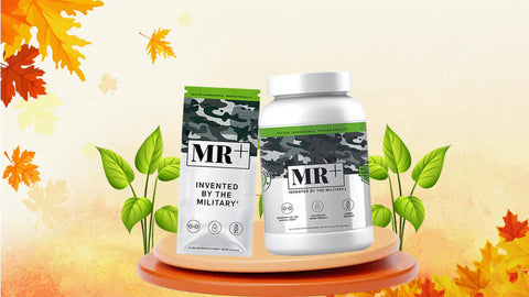 A jar and packet of MR+ meal supplement with the words 'Discover MR+: Nutrition for Outdoors'