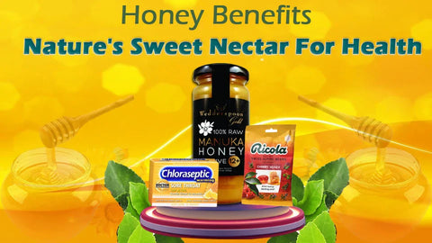 Three products from the Honey Pot brand displayed next to a caption that reads 'Honey Benefits: Nature's Sweet Nectar for Health'