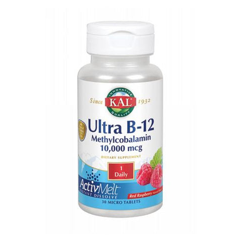 Kal, Ultra B-12 Methylcobalamin ActivMelt Vegetarian Raspberry, 10000 mcg, 30 Count