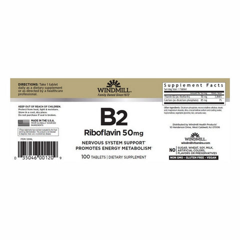 Windmill Health, Vitamin B2, 50mg, 100 Tabs