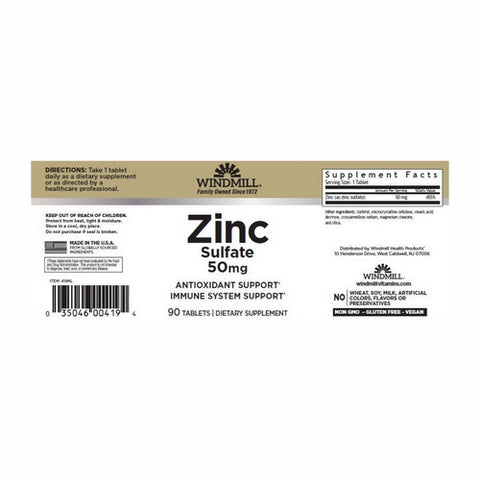 Windmill Health, Zinc Sulfate, 50mg, 90 Tabs
