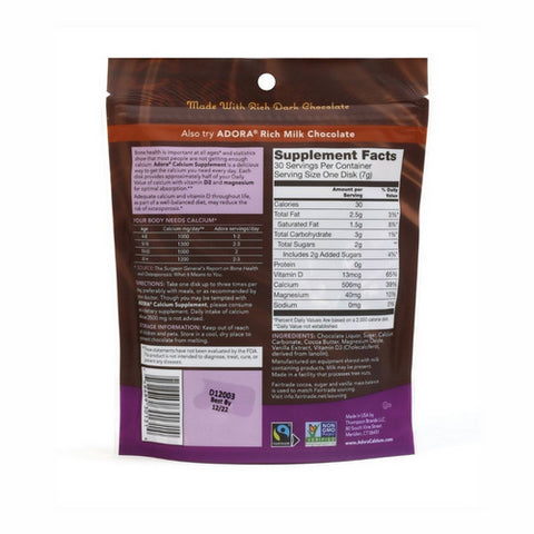 Adora, Calcium Supplement Disk, Organic Dark Chocolate 30 Count