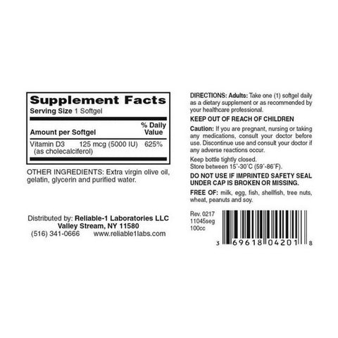 Reliable1, Vitamin D3, 5000 IU, 100 Softgels