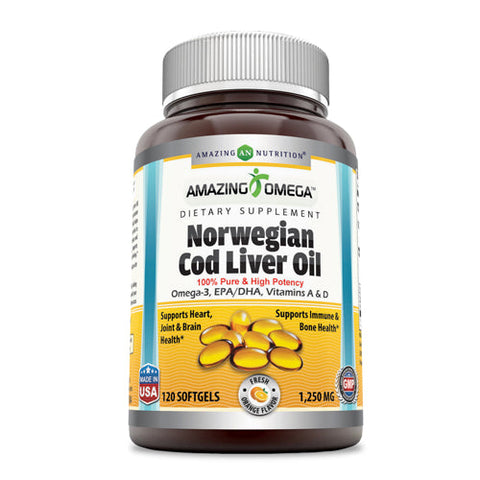 Amazing Nutrition, Amazing Omega Norwegian Cod Liver Oil, 1250 mg, Fresh Orange 120 Softgels