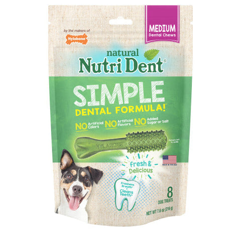 Nylabone, Nylabone Nutri Dent SIMPLE Natural Dental Fresh Breath Flavored Chew Treats, 1 Each/Medium, 8 Count