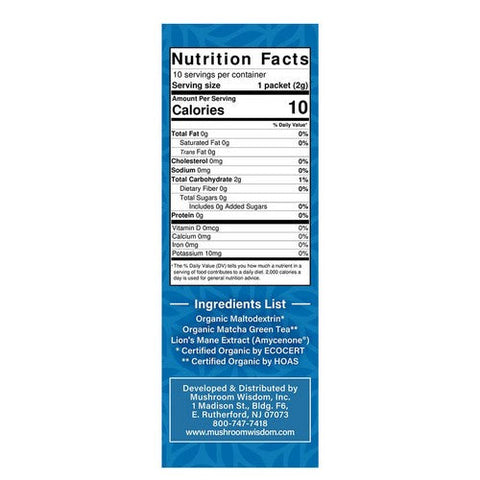 Maitake Mushroom Wisdom, Matcha Lion's Mane Amyloban Extract Sticks, 10 Count