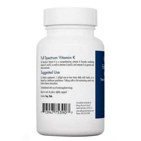 Nutricology/ Allergy Research Group, Full Spectrum Vitamin K With A  D And E, 90 Softgels