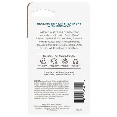 Burts Bees, Rescue Lip Relief Shea Butter Echinacea For Dry Lips Natural Origin, 0.35 oz (Case Of 4)