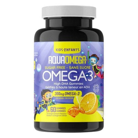 AquaOmega, Kids Gummies Omega-3 High DHA Orange Lemon Sugar-Free, 300 Mg, 60 Count