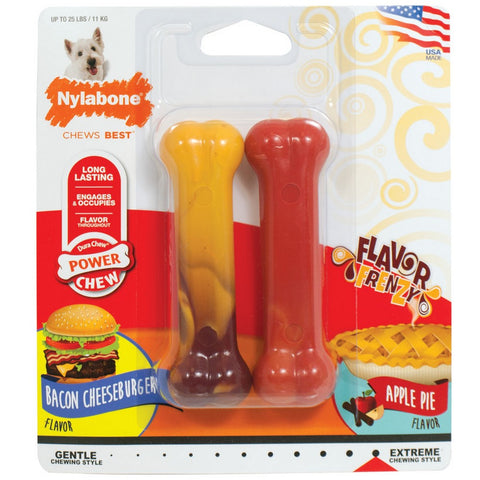 Nylabone, Nylabone Power Chew Flavor Frenzy Durable Dog Chew Toys Twin Pack, Bacon Cheeseburger & Apple Pie,  Small/Regular - Up To 25 Ibs. (2 Count)