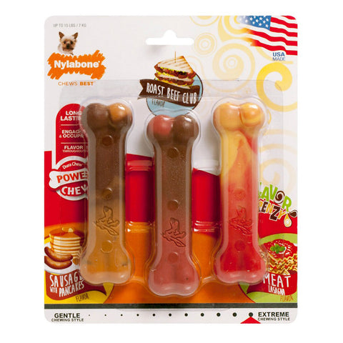 Nylabone, Nylabone Flavor Frenzy Power Chew Triple Pack, Pancakes&Sausage,Roast Beef Club,&Lasagna,ExtraSmall/Petite-UpTo15Lbs. (3 Count)
