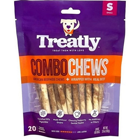 Treatly, Treatly Beefhide Combo Chews Twist Sticks W/Meat W, Small-20 Pack,Beef