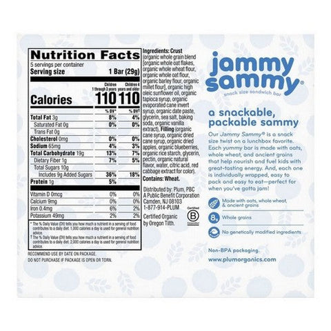 Plum Kids Jammy Sammy Blueberries And Oatmeal Snack Size Sandwich Bar 1.02 Oz X 5 Count (Case Of 6) by Plum Organics