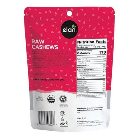 Elan, Organic Raw Cashews, 185 Grams (Case Of 8)