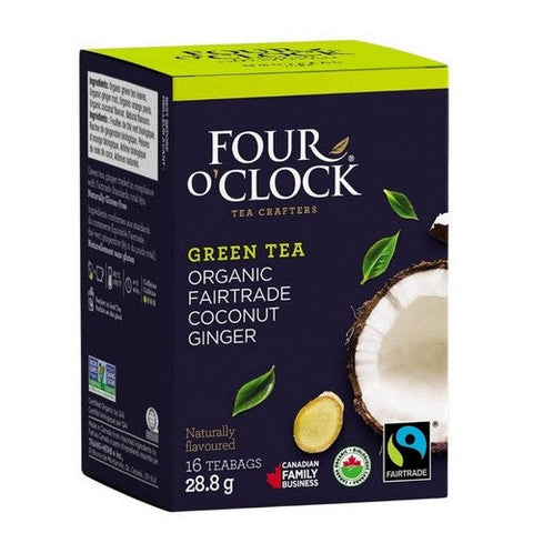 Four O'Clock Tea, Organic Fairtrade Coconut Ginger, 16 Bags (Case Of 6)