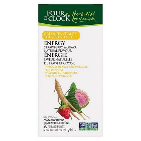Four O'Clock Tea, Organic Herbalist Green Tea Vitality Energy, 20 Bags (Case Of 6)