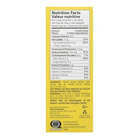 Whole Alternatives, Organic Butter Microwave Popcorn, 99 Grams X 3 Count (Case Of 12)