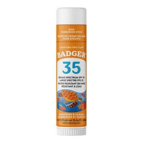 Badger Balm, Natural Mineral Sunscreen Face Stick SPF 35 Clear Zinc Kids Tangerine & Vanilla, 12 X 18.4 Grams