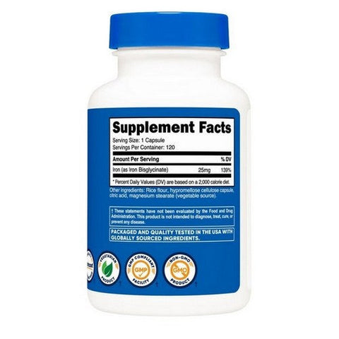 Nutricost, Iron Bisglycinate Capsules, 25 Mg, 120 Count
