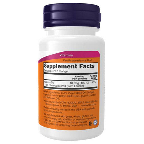 Now Foods, Vitamin D-3, 400 IU, 180 Softgels