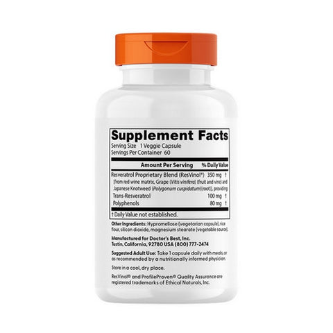 Doctors Best, Best Trans Resveratrol 100 Featuring Resvinol-25, 60 Veggie Caps