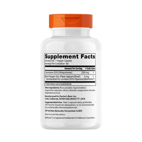 Doctors Best, High Absorption CoQ10 With BioPerine, 200 mg, 60 Veggie Caps