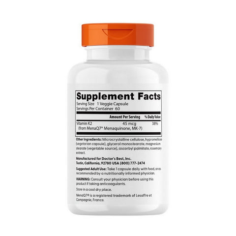 Doctors Best, Natural Vitamin K2 Featuring MenaQ7, 45 mcg, 60 Veggie Caps