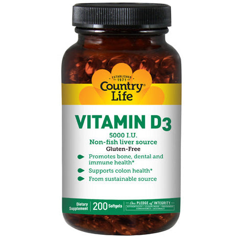 Country Life, Vitamin D3, 5000 IU, 200 Softgels
