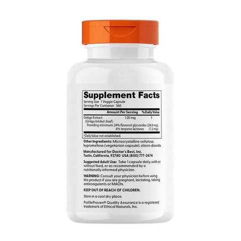 Doctors Best, Extra Strength Ginkgo, 120 mg, 360 Veggi Caps